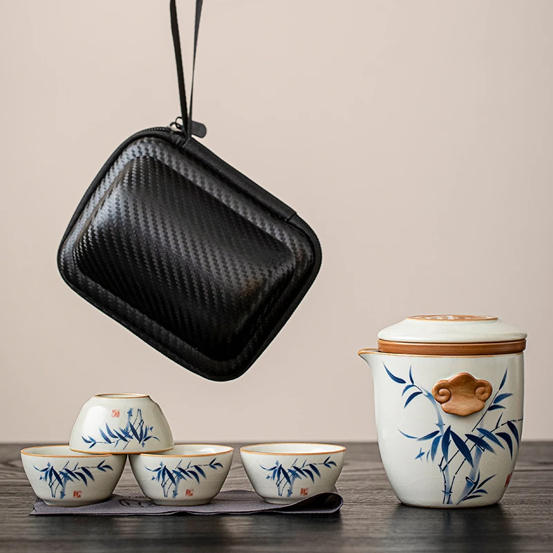 煌山汝窑竹韵如意快客杯户外旅行茶具套装便携式【直播专享】8576