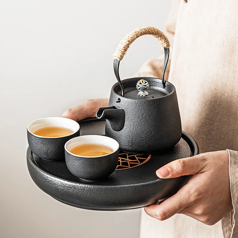 黑陶功夫茶具小套两人用家用简易磨砂防烫提梁壶茶杯小型干泡茶台