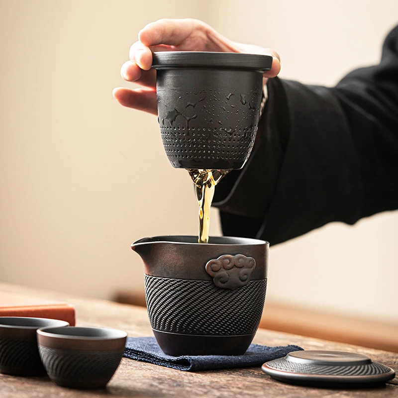 煌山紫陶跳刀快客杯一壶四杯紫砂便携式旅行茶具套装户外随车喝茶