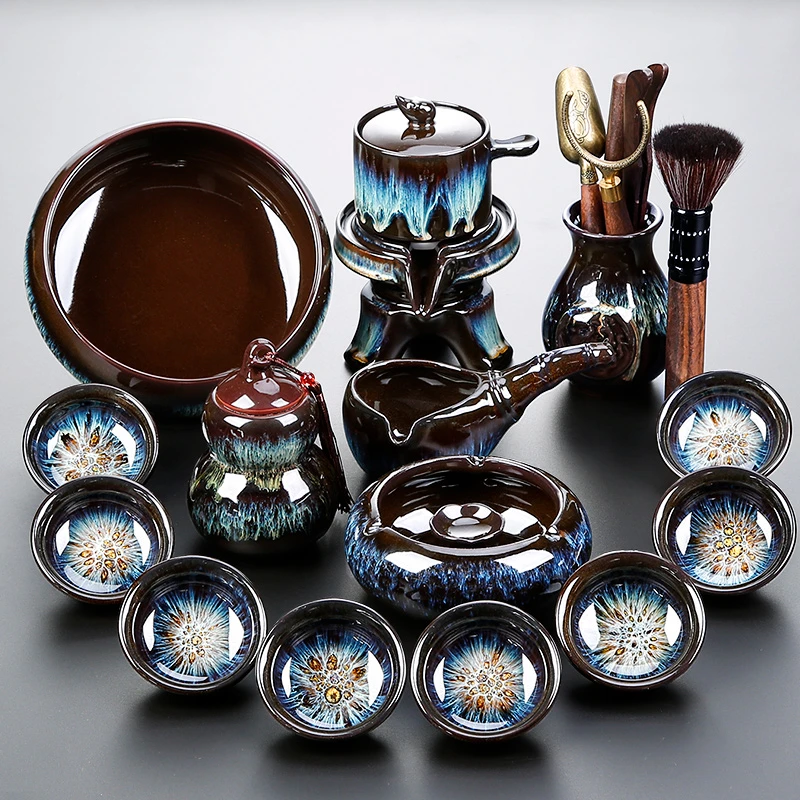 煌山窑变建盏自动茶具套装家用陶瓷石磨茶壶茶杯茶盏懒人泡茶神器