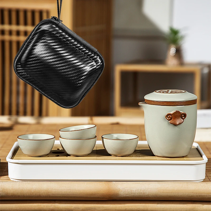 煌山米黄汝窑旅行茶具户外快客杯一壶四杯露营装备开片可养泡茶壶