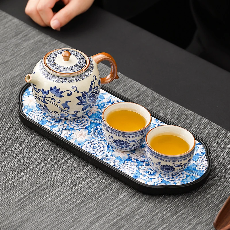 煌山汝窑一壶两杯二人茶具酒店宿舍专用轻奢2人喝茶吸水速干茶台