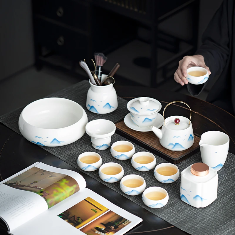 煌山羊脂玉瓷提梁茶具套装家用简约防烫德化白瓷泡茶壶茶杯一整套