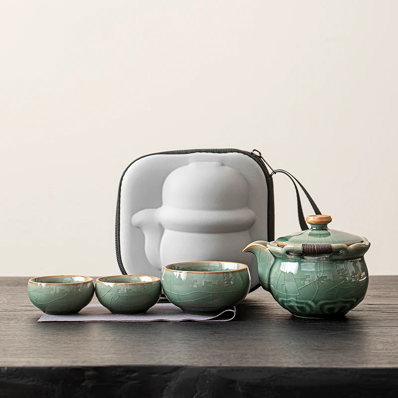 煌山哥窑旅行茶具套装一壶三杯户外露营便捷式快客杯二人喝茶装备