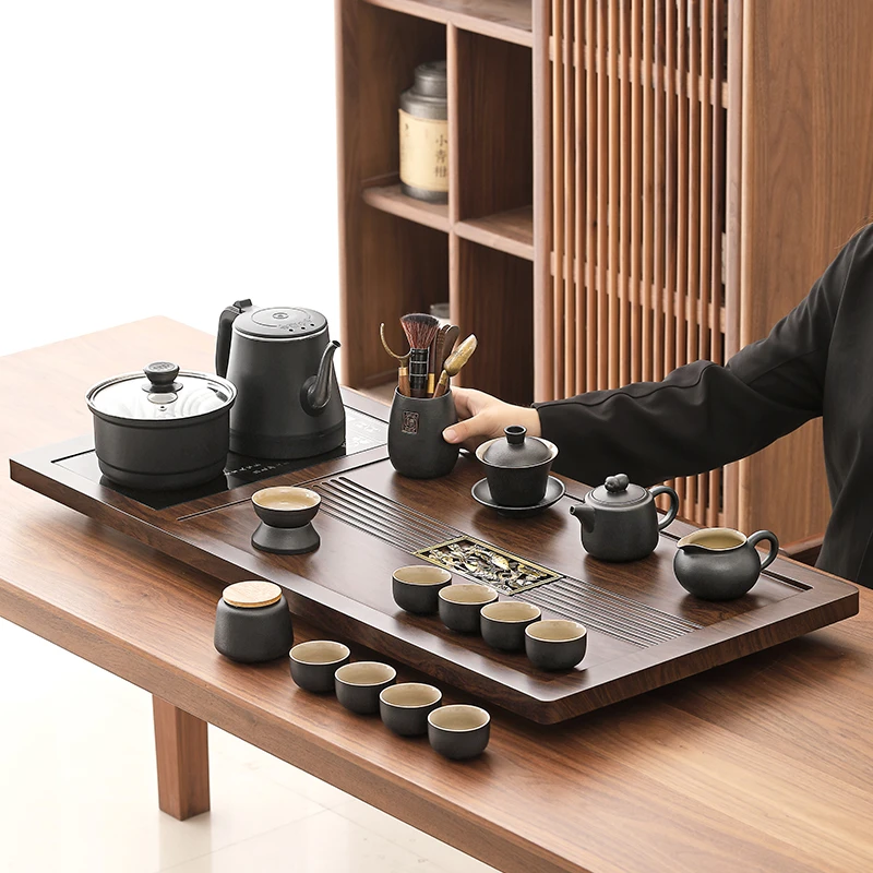 茶台茶具套装家用全自动上水烧水一体茶盘轻奢高档黑陶磨砂泡茶器