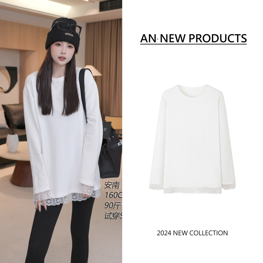 B11030冬季新款时尚小众拼蕾丝圆领百搭长袖打底上衣