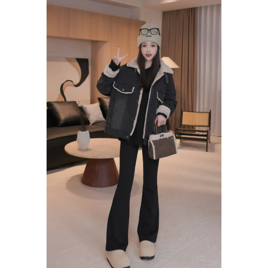 【时光旅人】B10825冬季新款韩版宽松洋气百搭立领加绒牛仔外套