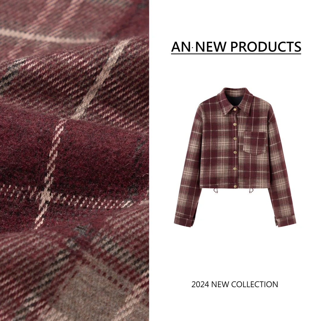 B11206冬季新款设计感下摆抽绳复古格子加绒衬衫外套