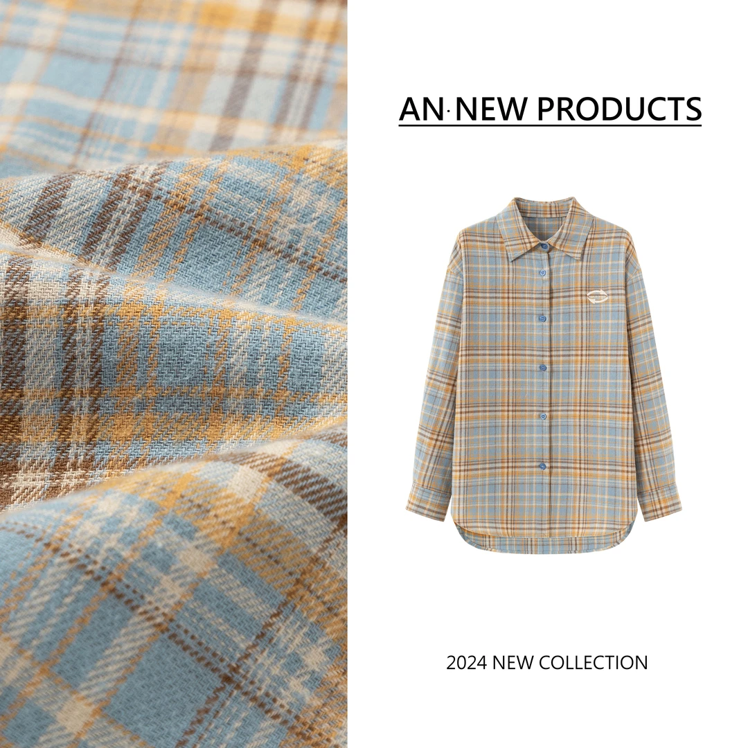 B7033秋季新款时尚设计感复古刺绣图案格子衬衫外套