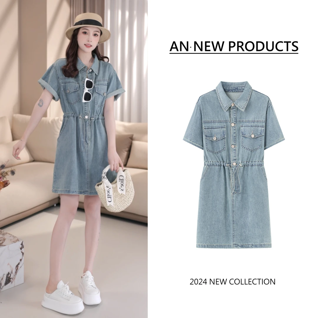 B4271设计感POLO领显瘦收腰牛仔连衣裙女装休闲宽松连衣裙