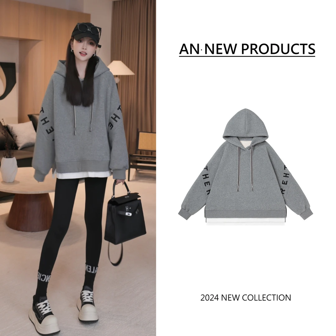 【收藏家】B10871冬季新款刺绣字母假两件复合绒460~480克连帽卫衣