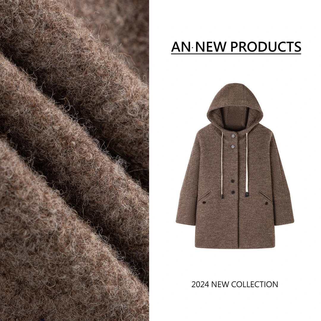 B10783冬季新款时尚宽松洋气小个子纯色连帽毛呢外套