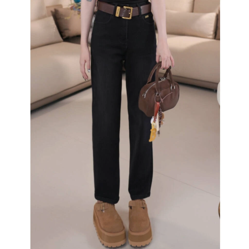 【版型王者】B10601秋冬新款韩版百搭复古阔腿直筒加绒牛仔裤配腰带