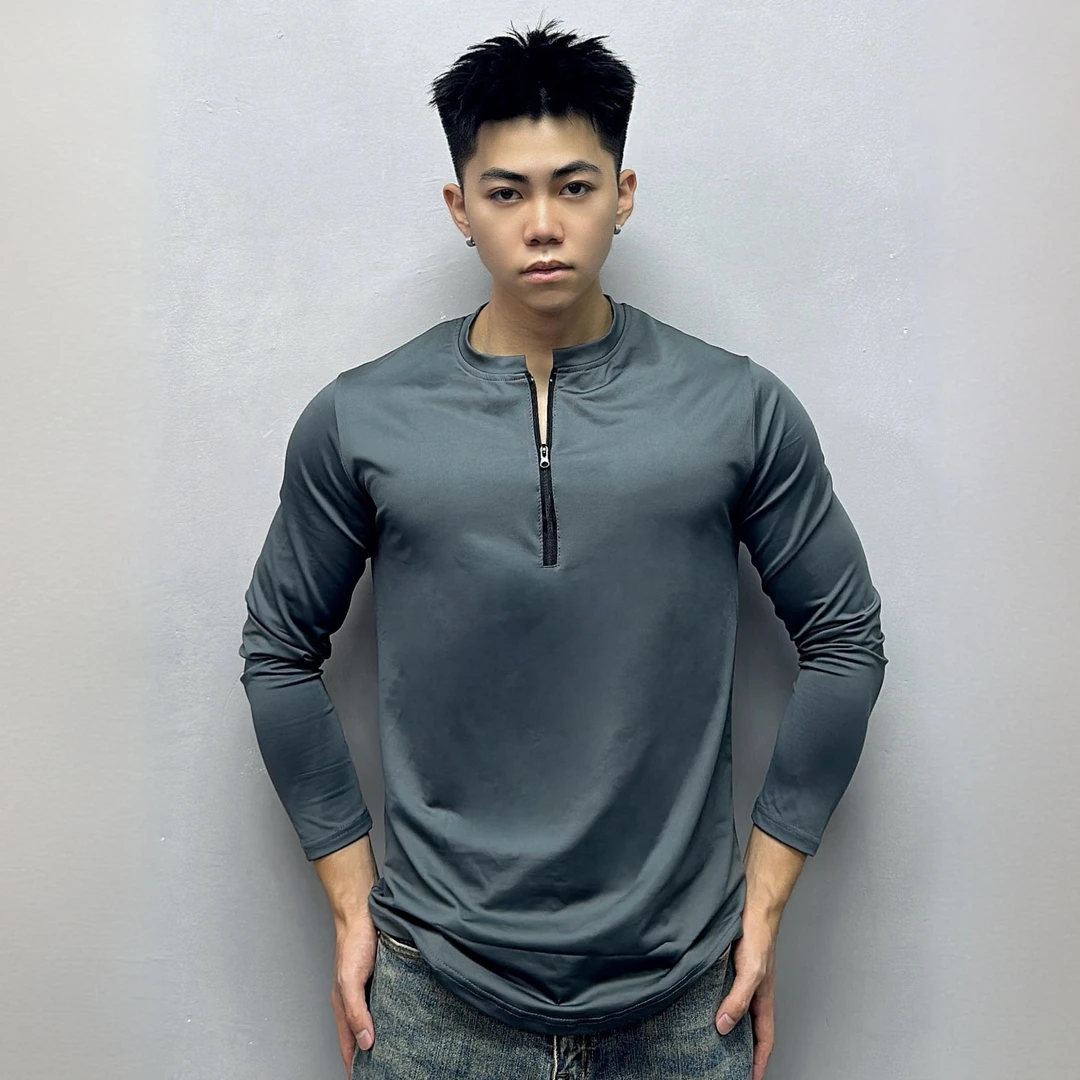 男士t恤美式速干长袖休闲健身骑行训练弹力秋季高级半拉链健身服