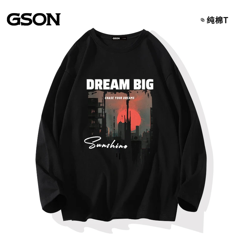 GSON潮牌t恤男纯棉宽松简约字母体恤衫秋冬季时尚圆领青少年长袖