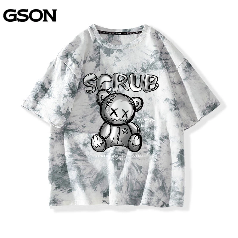 GSON时尚扎染t恤男潮流脏脏熊夏季圆领小众创意趣味短袖痞帅男装