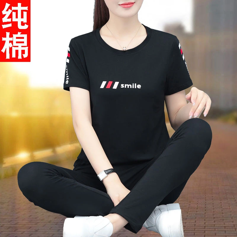 纯棉运动套装女夏季2025年新款时尚中老年妈妈广场舞休闲服两件套