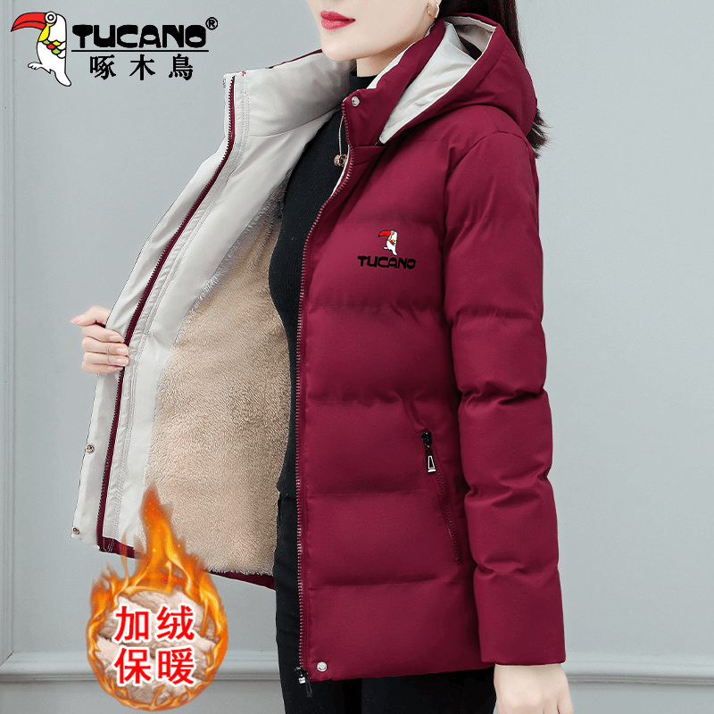 啄木鸟加绒加厚棉服女中长款2023年冬装新款保暖棉袄妈妈外套冬季