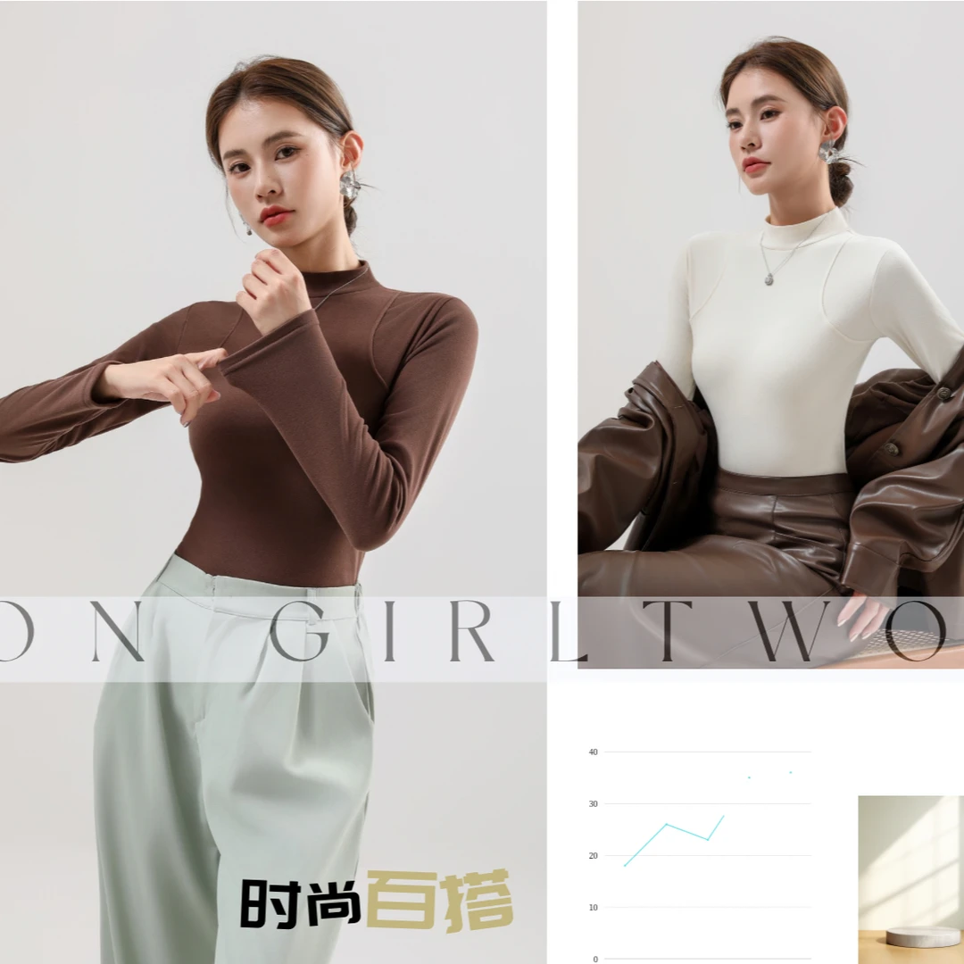 Ayoom满分~秋冬德绒半高领鱼骨打底衫保暖加绒中领长袖上衣女ins