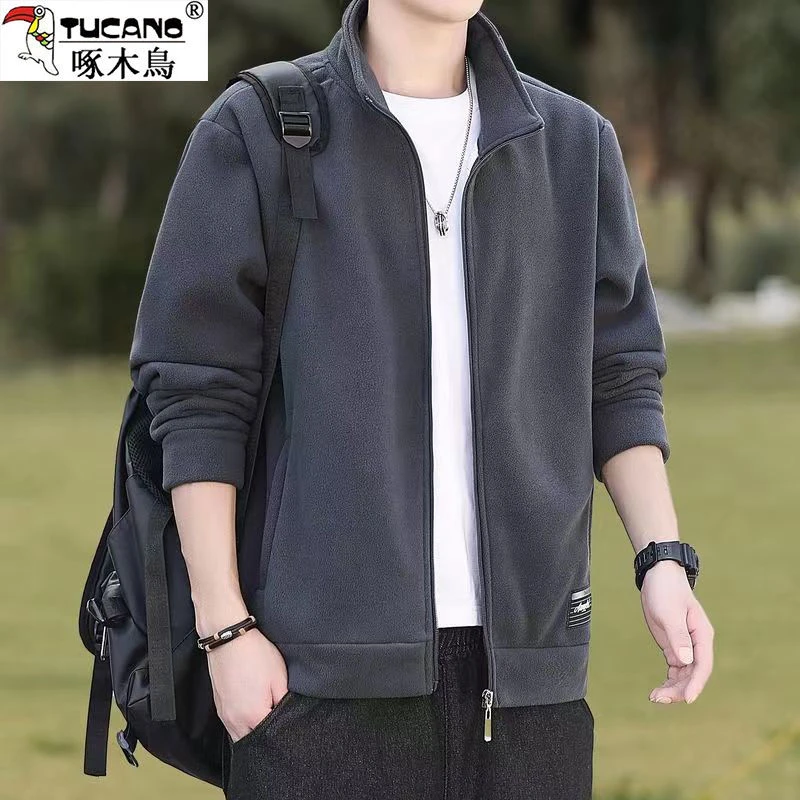 啄木鸟正品高端男士羊羔绒2023冬季卫衣加绒加厚抓绒夹克休闲外套