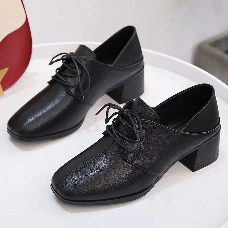 真皮黑色小皮鞋女百搭粗跟上班工作鞋防水高跟系带单鞋休闲鞋软底