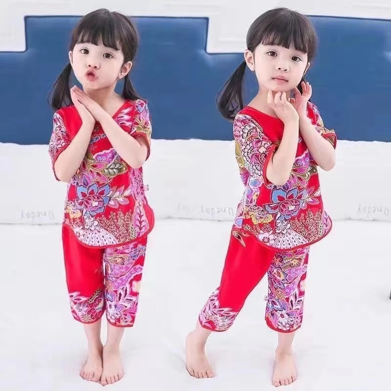 儿童夏季薄款民族风套装宝宝大花短袖睡衣小童绵绸吸汗洋气家居服