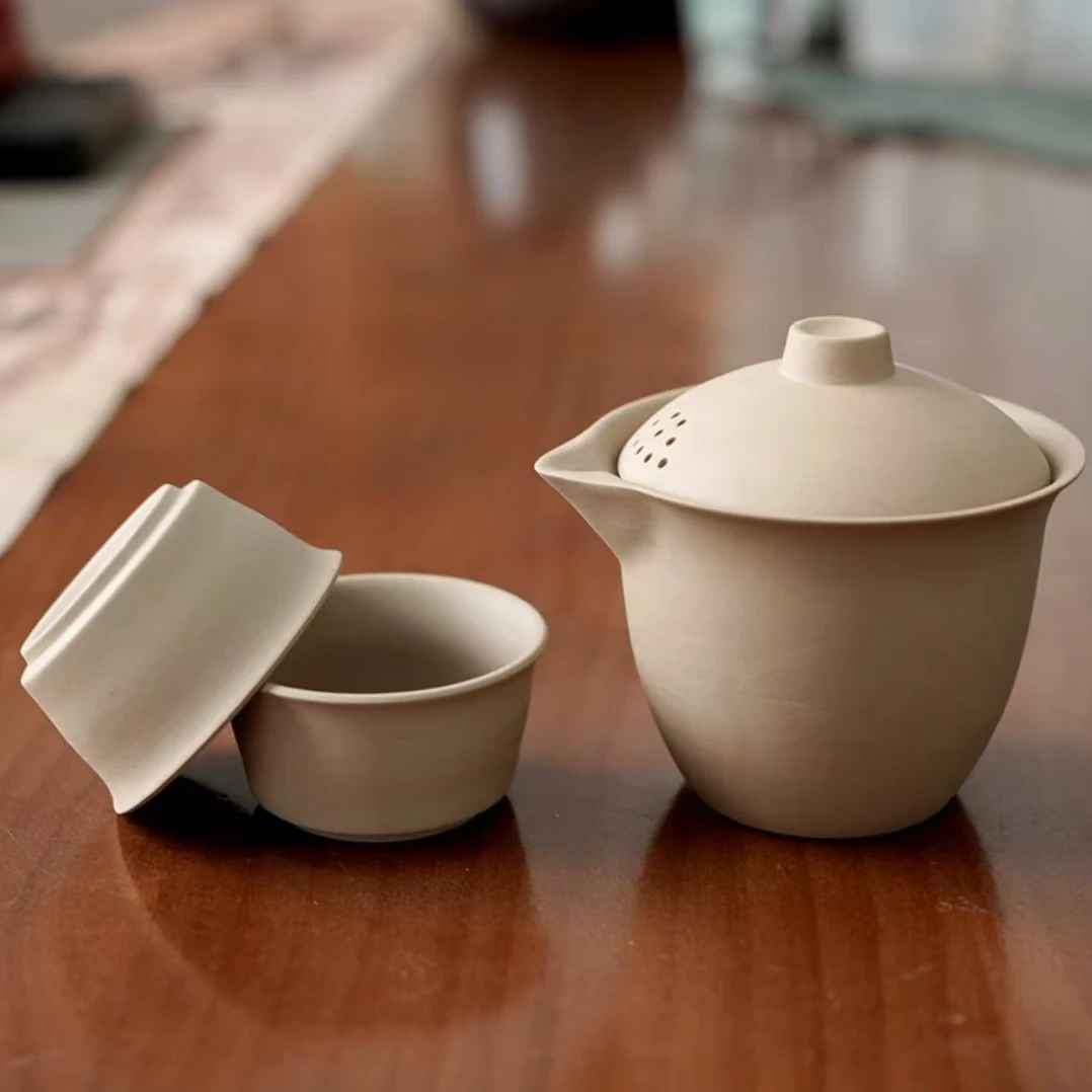 粗陶快客杯一壶二杯户外露营泡茶壶日式简约陶瓷手抓壶旅行茶具
