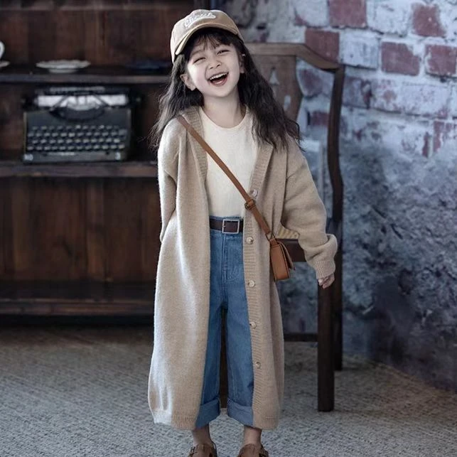 女童2025春秋新款针织洋气连帽开衫儿童韩版宽松慵懒长款毛衣外套