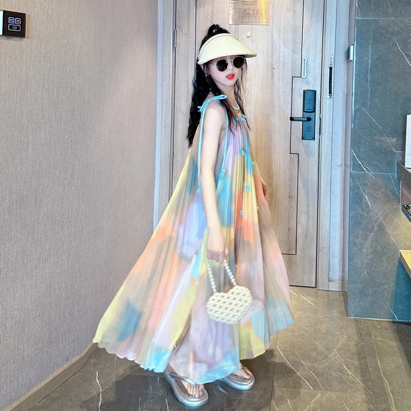 裙子女童夏季2025新款女孩休闲花色沙滩裙大童洋气时髦连衣裙夏装