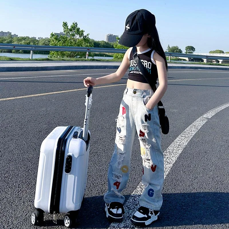 女童字母破洞牛仔裤2025夏季新款高腰直筒刺绣宽松显瘦牛仔时尚潮
