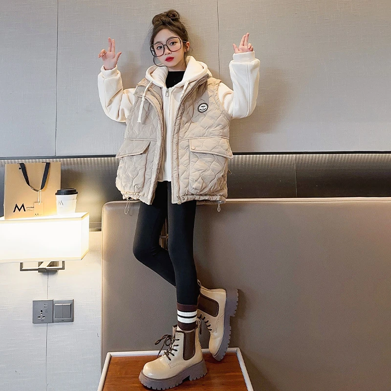 女童外套秋冬装2023新款洋气时髦冬季加厚假两件大童连帽夹棉加绒