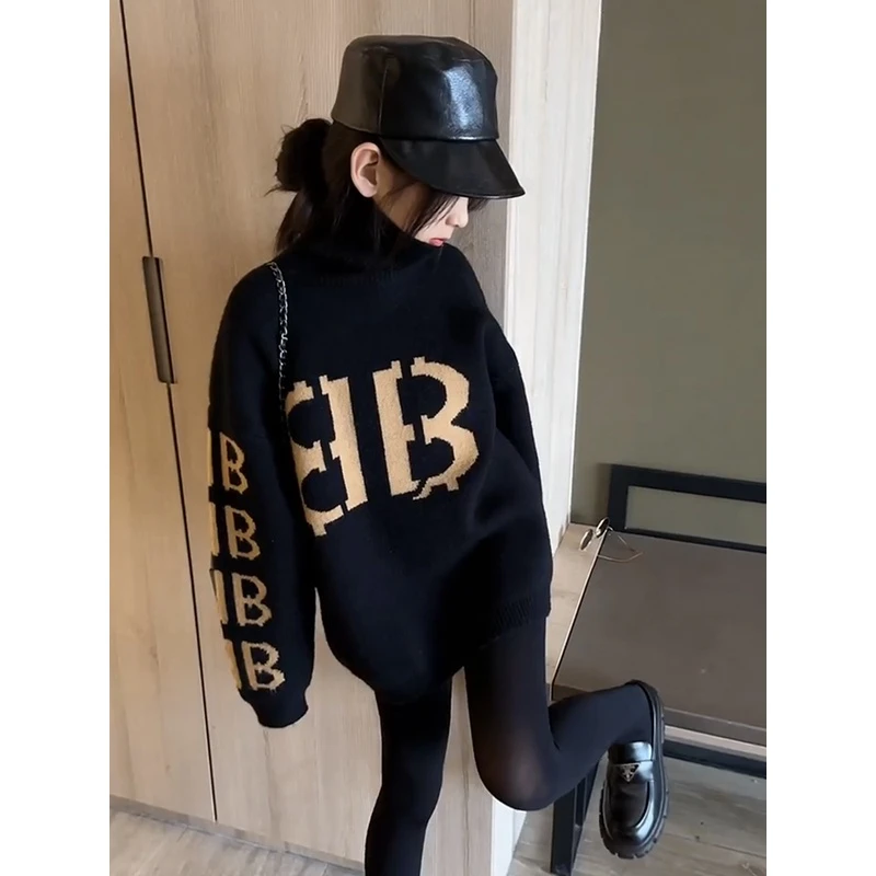 女童高领毛衣秋冬2025新款潮儿童中长款套头衫女孩针织打底衫洋气