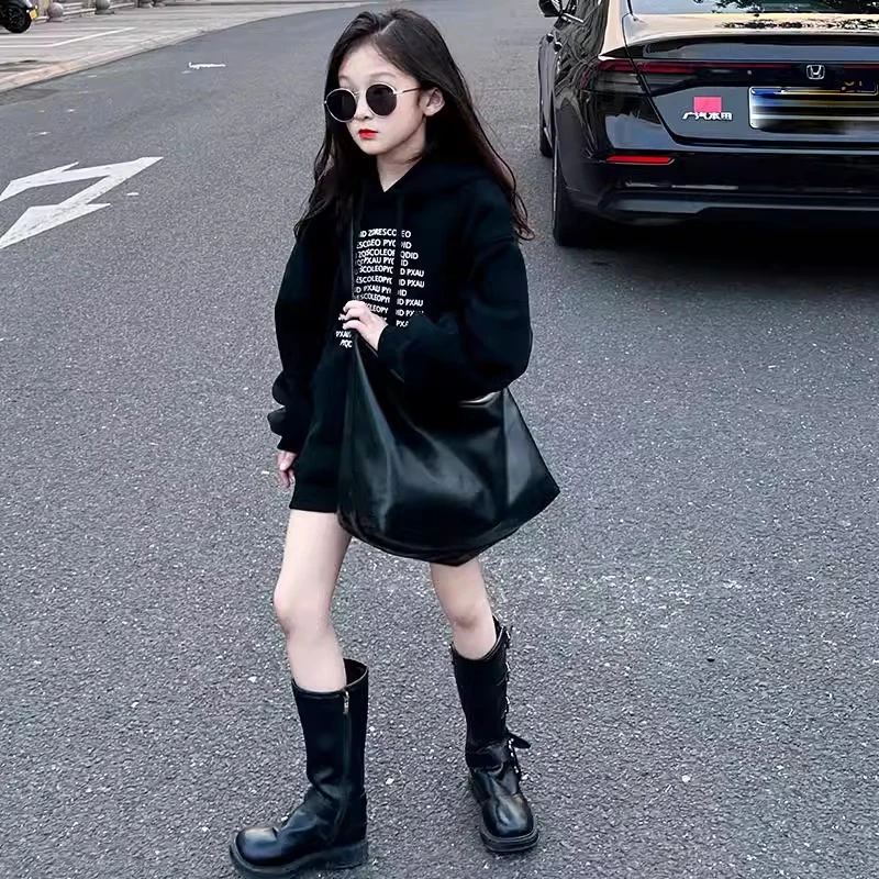 女童加绒卫衣秋冬2025新款儿童洋气时髦一体绒中大童加厚连帽上衣