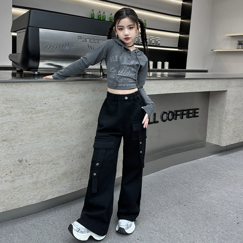 女童套装秋装2024新款儿童洋气打底衫女大童炸街街舞工装裤两件套