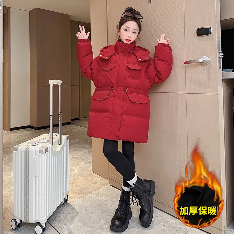 女童收腰棉服冬装加厚2023新款中大儿童洋气显瘦连帽棉衣中长款潮
