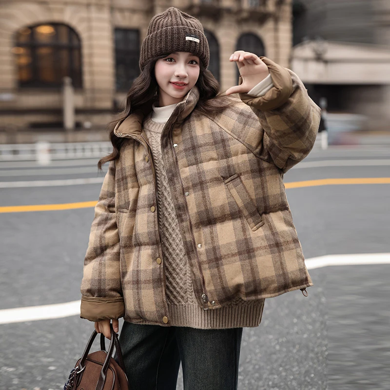 女童棉服冬季短款外套2024新款大童女孩洋气格子上衣儿童冬装棉衣