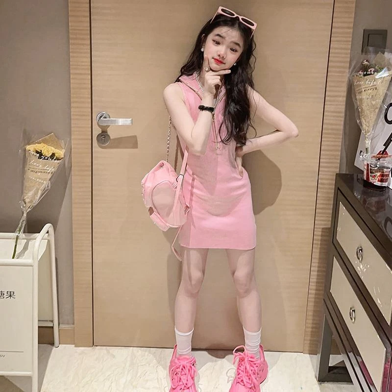 粉色连衣裙女童夏装2024新款儿童网红背心裙大童女装夏季甜辣裙子