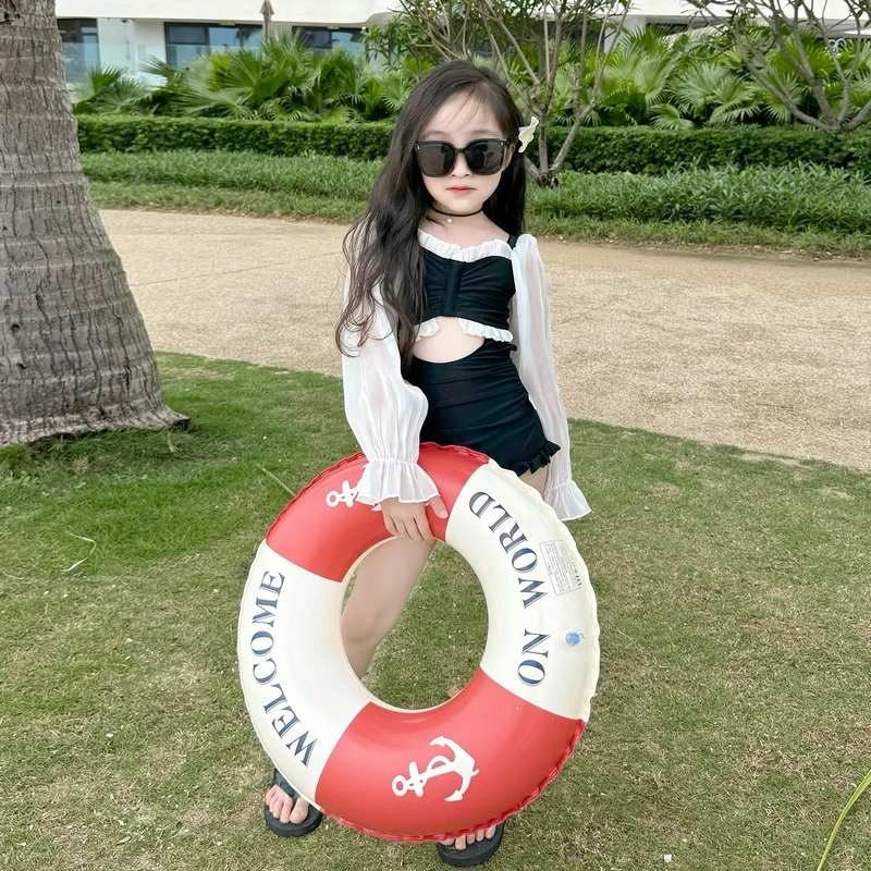 儿童游泳衣2025新款夏季女孩洋气长袖连体衣女童夏装速干泳装童装