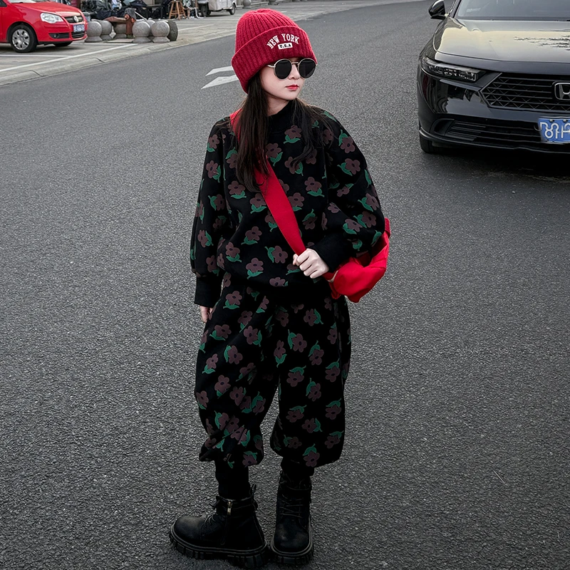 女童秋冬加厚一体绒保暖两件套2024冬季新款洋气时髦卫衣裤子套装