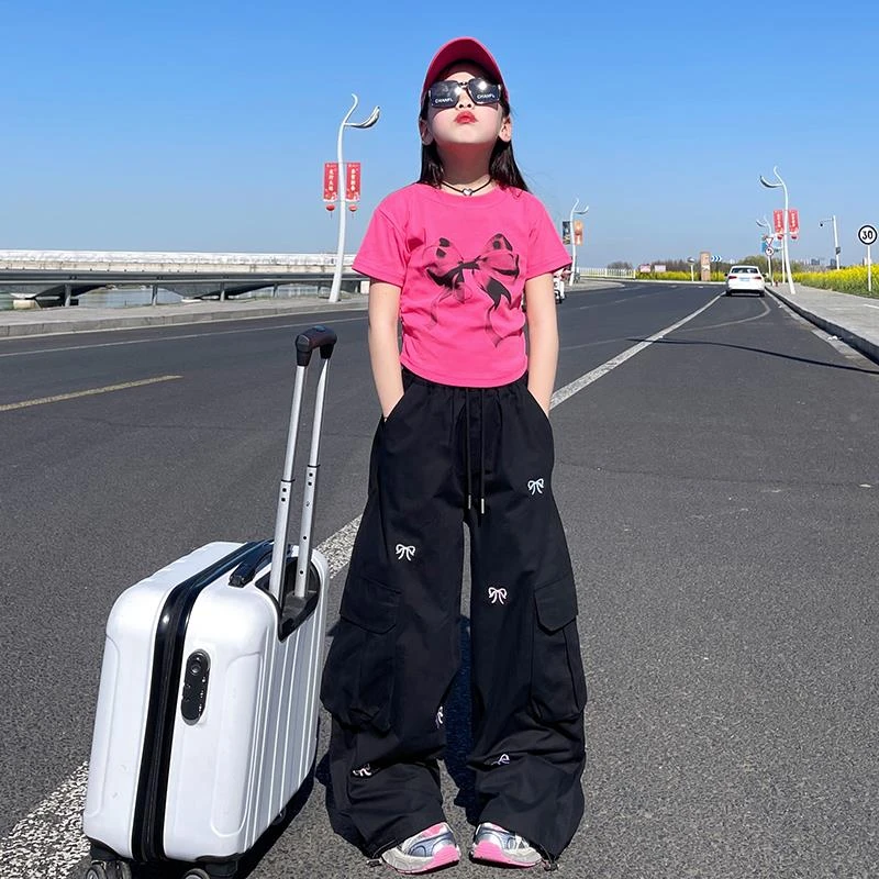 女童短款上衣2024夏季新款大童蝴蝶结印花短袖圆领修身甜辣风T恤