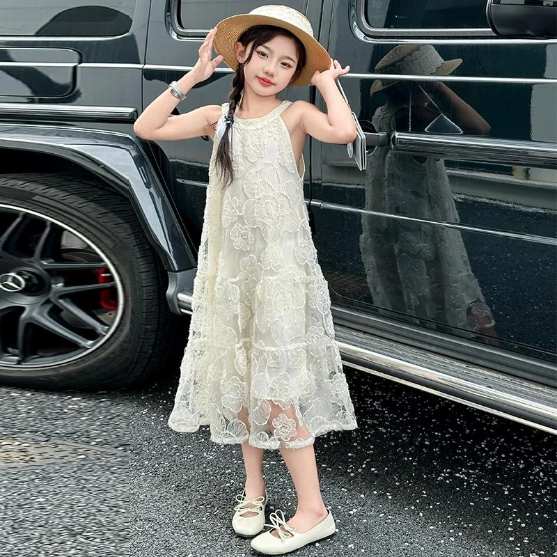 女童蕾丝连衣裙夏装2024新款大童沙滩裙儿童夏季薄款长款背心裙子