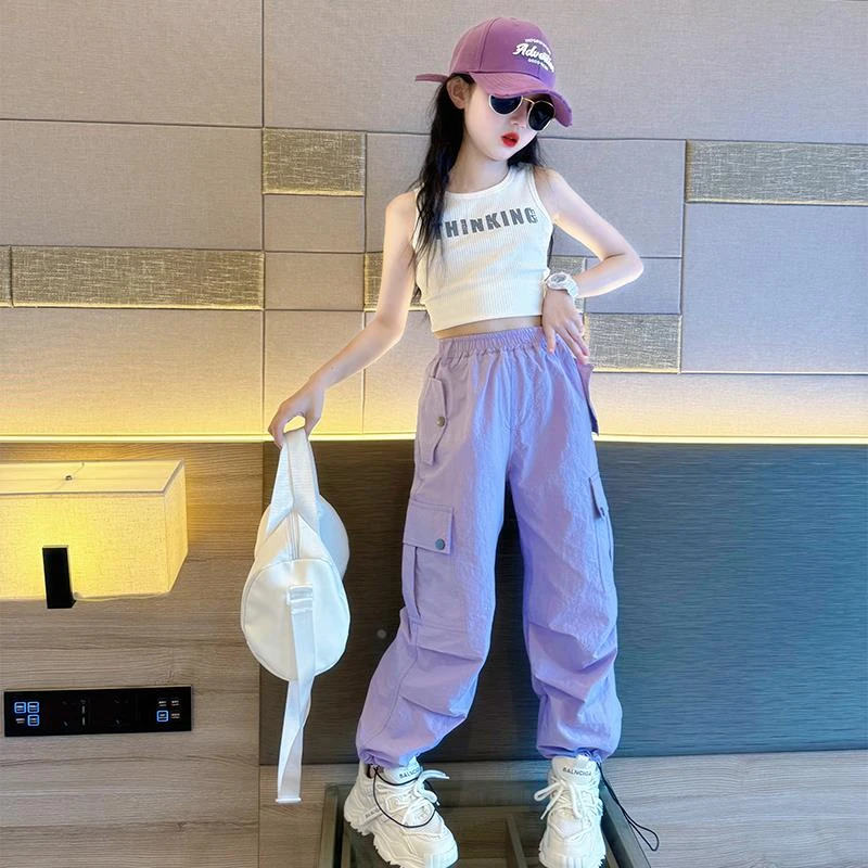 女童冰丝工装裤夏季2025新款儿童紫色洋气裤子女大童夏装爵士街舞