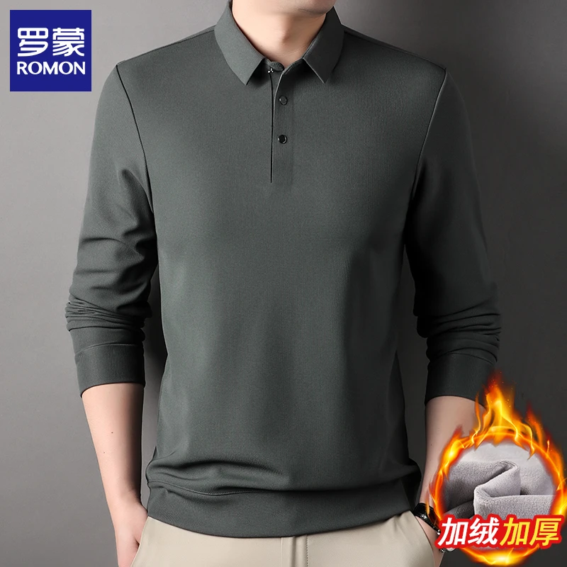 罗蒙男士长袖t恤2024秋冬季新款商务休闲polo衫加绒加厚翻领上衣