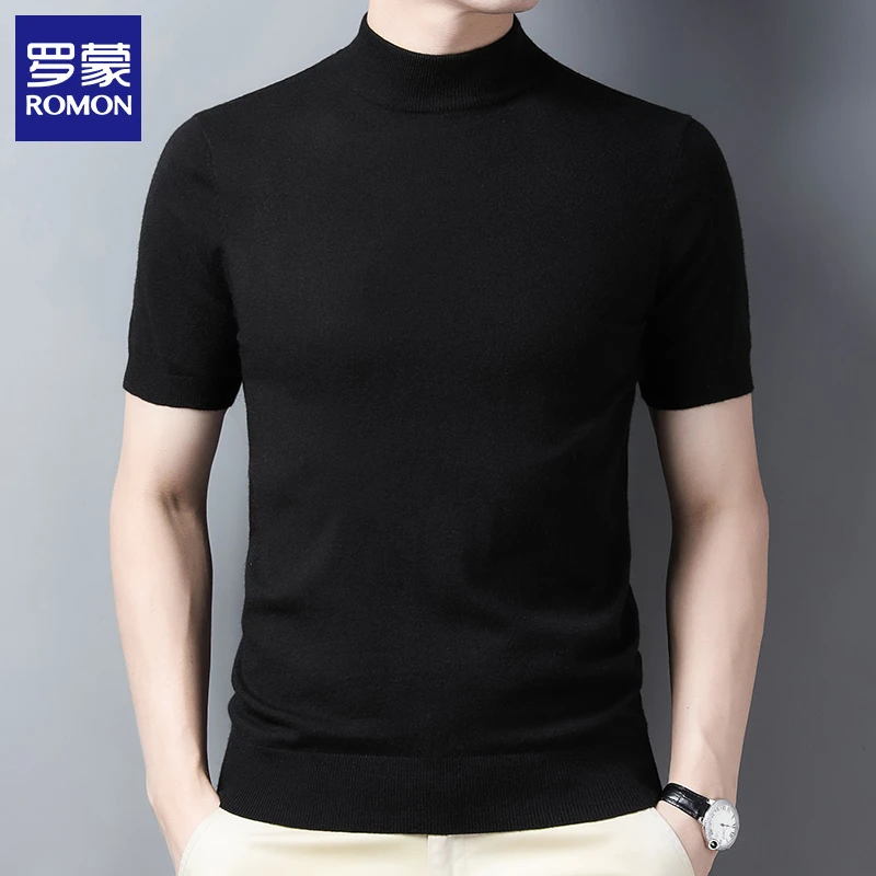 罗蒙短袖毛衣男秋冬新款休闲高端针织半袖男士时尚百搭打底衫线衣