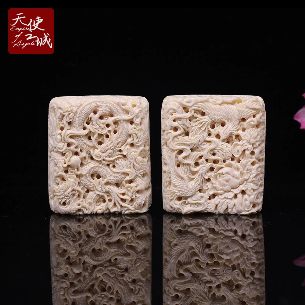 天然猛犸象牙龙凤呈祥方牌吊坠原皮冰料精工雕刻文玩把件婚嫁礼品