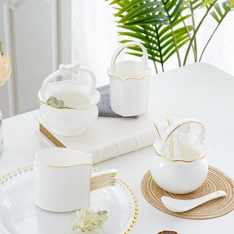 描金骨瓷勺子笼筷筒家用汤勺收纳盒厨房叉勺筒筷篓筷子筒天鹅勺篓