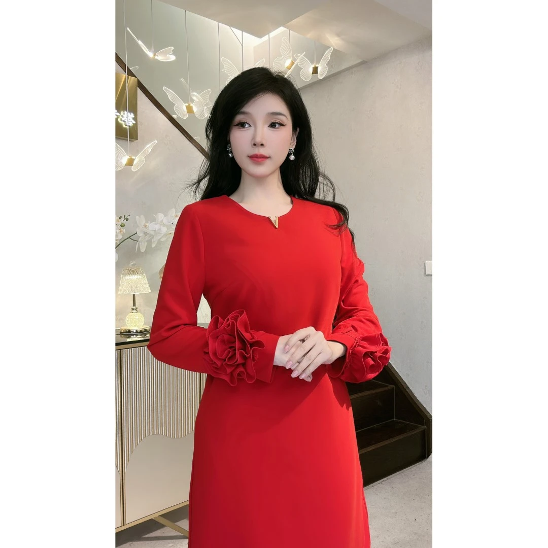 YUANBAO《袖口可拆卸》 法式轻熟风立体玫瑰气质长袖连衣裙收腰修身