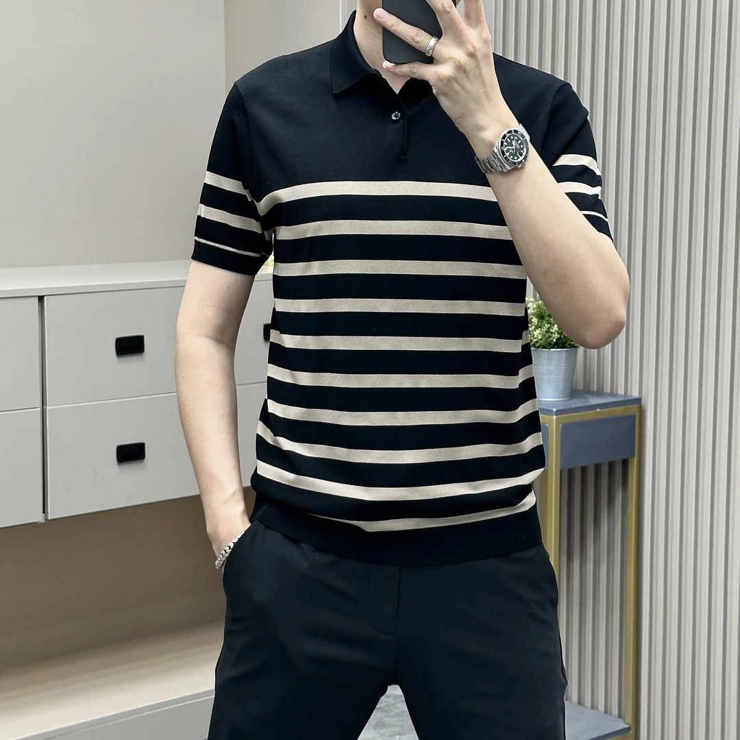 男士夏季休闲针织翻领条纹短袖T恤polo衫商务高档上衣透气轻奢潮
