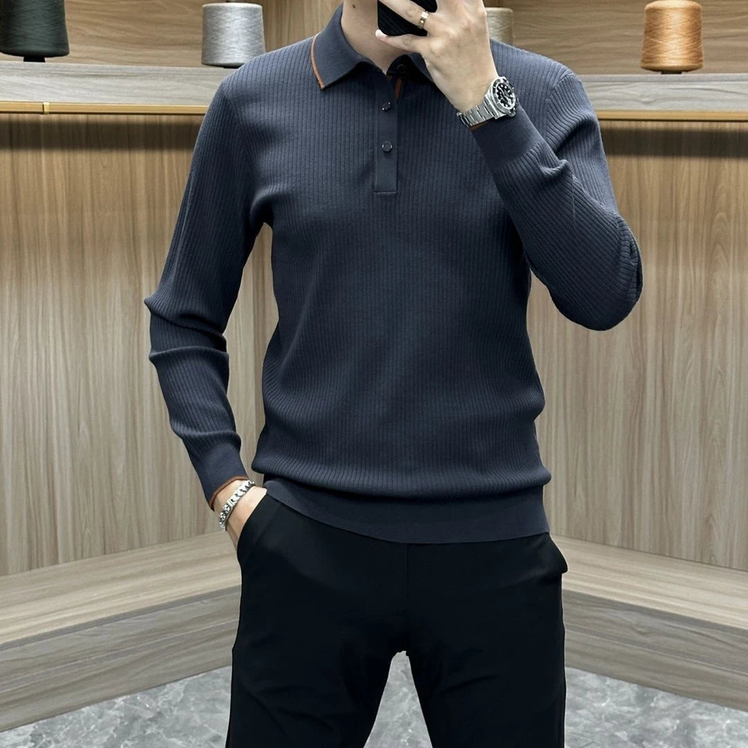 2025春季男士翻领针织衫毛衣商务休闲百搭POLO杉时尚修身长袖高档