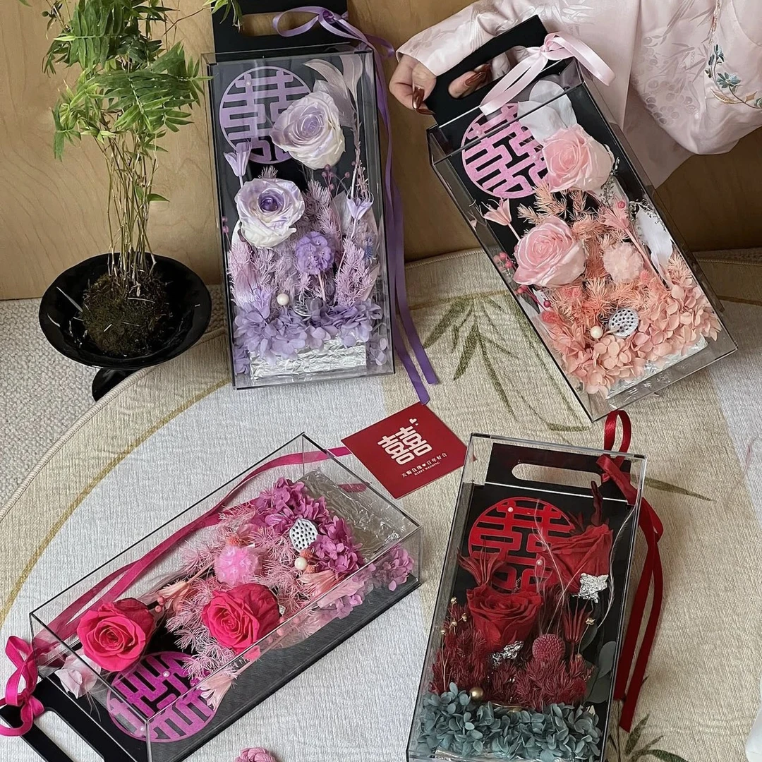 【永生花】婚礼季喜字手提花盒结婚礼物送朋友伴手礼15×8×35cm